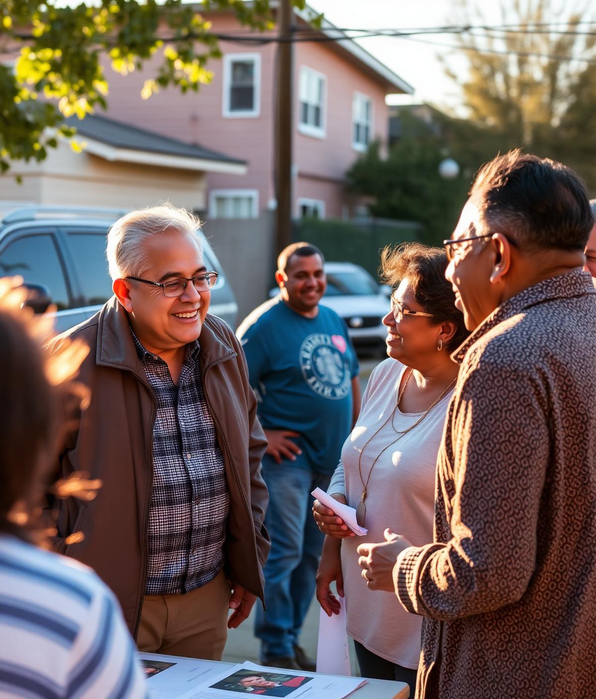 Community advocate speaking with residents at an outreach table
